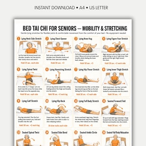 Może przedstawiać: Cyfrowy plakat instruktażowy zatytułowany Bed Tai Chi for Seniors zawierający szesnaście numerowanych ilustracji osoby w pomarańczowej koszulce wykonującej różne ćwiczenia mobilnościowe i rozciągające na łóżku wraz z instrukcjami tekstowymi.