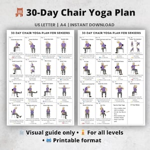 30-day printable chair yoga plan for seniors with simple seated exercises in visual format