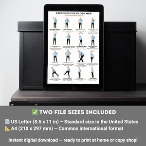 Printable exercise chart titled “Exercises for Older Men – 16 Stretch & Mobility Exercises.” The image shows an older man demonstrating standing stretch and mobility exercises including neck stretches, shoulder rolls, arm stretches, side bends, torso rotations, hip circles, leg stretches, ankle circles, toe raises, and heel raises. Each exercise is clearly illustrated with labels and repetition counts, designed for easy reference at home.