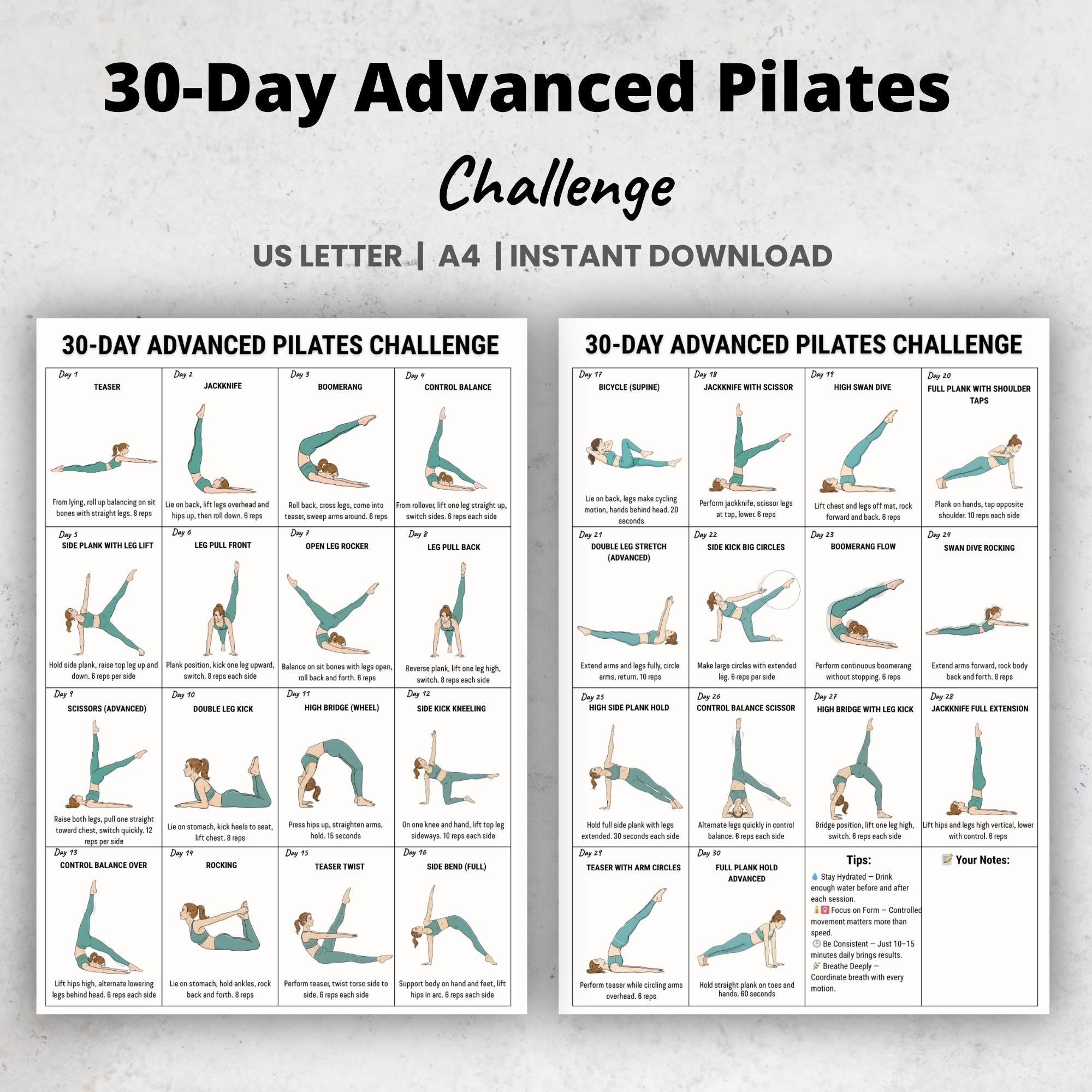 30 Day Advanced Pilates Challenge Printable | Daily Pilates Workout ...