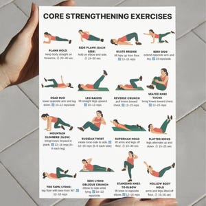 Flat-style digital illustration of a woman demonstrating core strengthening exercises at home, fitness workout poster, no equipment required.