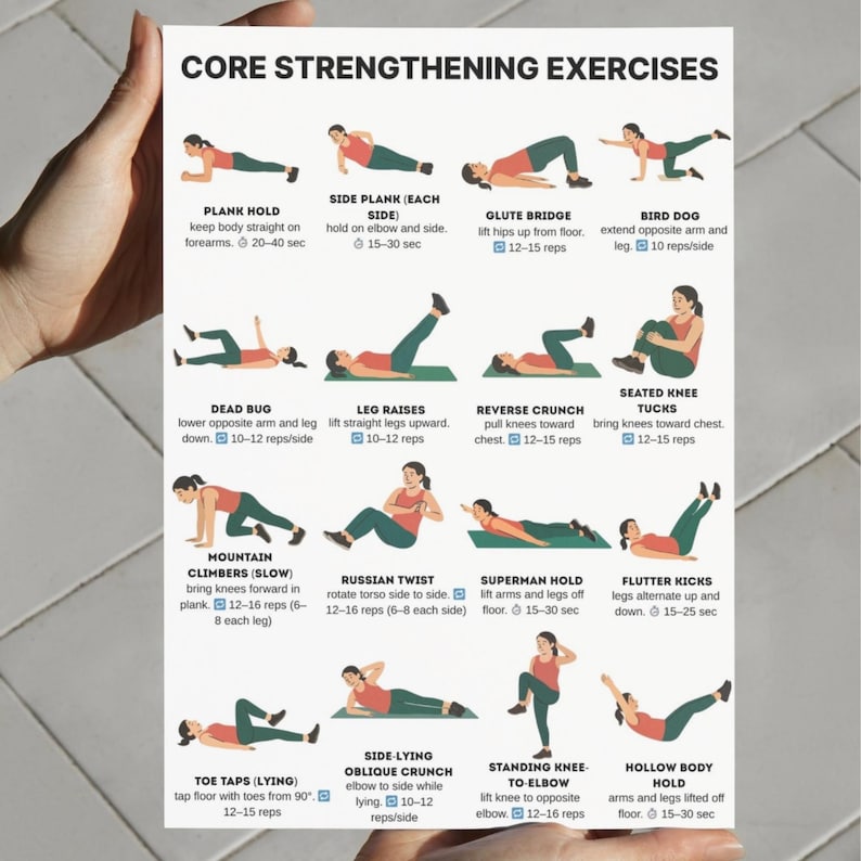 Flat-style digital illustration of a woman demonstrating core strengthening exercises at home, fitness workout poster, no equipment required.