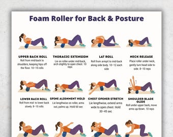 May include: A printable guide titled "Foam Roller for Back & Posture" with exercise instructions. The guide features illustrations of various exercises, including Upper Back Roll, Thoracic Extension, and Lat Roll. The document is available for instant download.