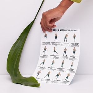 K&ouml;nnte beinhalten: Ein wei&szlig;es Blatt mit einem gedruckten "CORE & STABILITY ROUTINE"-Leitfaden. Der Leitfaden enth&auml;lt illustrierte &Uuml;bungen mit Anweisungen. Eine Hand h&auml;lt das Blatt, mit einem gro&szlig;en gr&uuml;nen Blatt im Vordergrund.