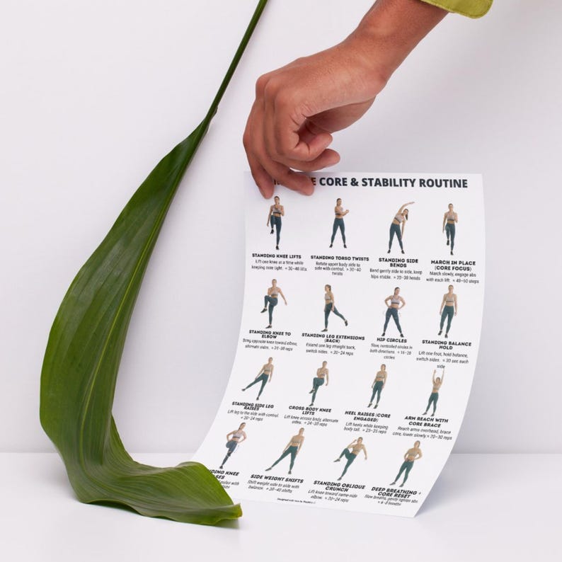 K&ouml;nnte beinhalten: Ein wei&szlig;es Blatt mit einem gedruckten "CORE & STABILITY ROUTINE"-Leitfaden. Der Leitfaden enth&auml;lt illustrierte &Uuml;bungen mit Anweisungen. Eine Hand h&auml;lt das Blatt, mit einem gro&szlig;en gr&uuml;nen Blatt im Vordergrund.