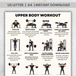 Överkroppsträning för män utskrivbar | 16 övningar för bröst, rygg, axlar, biceps, triceps | Fitnessgym, styrketräning, digital nedladdning i PDF-format