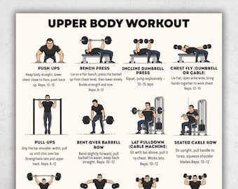 Könnte beinhalten: Ein Trainingsleitfaden mit dem Titel "UPPER BODY WORKOUT" mit Illustrationen von Übungen. Zu den Übungen gehören Liegestütze, Bankdrücken, Schrägbankdrücken mit Kurzhanteln, Butterfly, Klimmzüge, vorgebeugtes Langhantelrudern, Latzug und Rudern am Kabelzug. Anweisungen und Wiederholungszahlen sind enthalten.