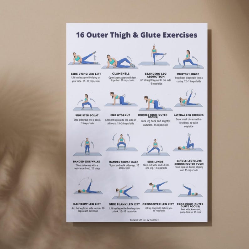 16 Outer Thigh & Glute Exercises Printable | Lower Body Workout Sheet (A4 & US Letter)