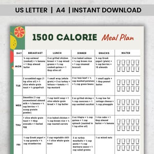 1500 Calorie Meal Plan Printable | 7-Day 1500 Calories Menu PDF for Easy Meal Prep