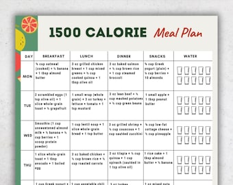 May include: A 1500 calorie meal plan chart with daily breakfast, lunch, dinner, and snack suggestions. The chart includes a list of foods and portion sizes for each meal, such as oatmeal, chicken breast, salmon, and Greek yogurt.