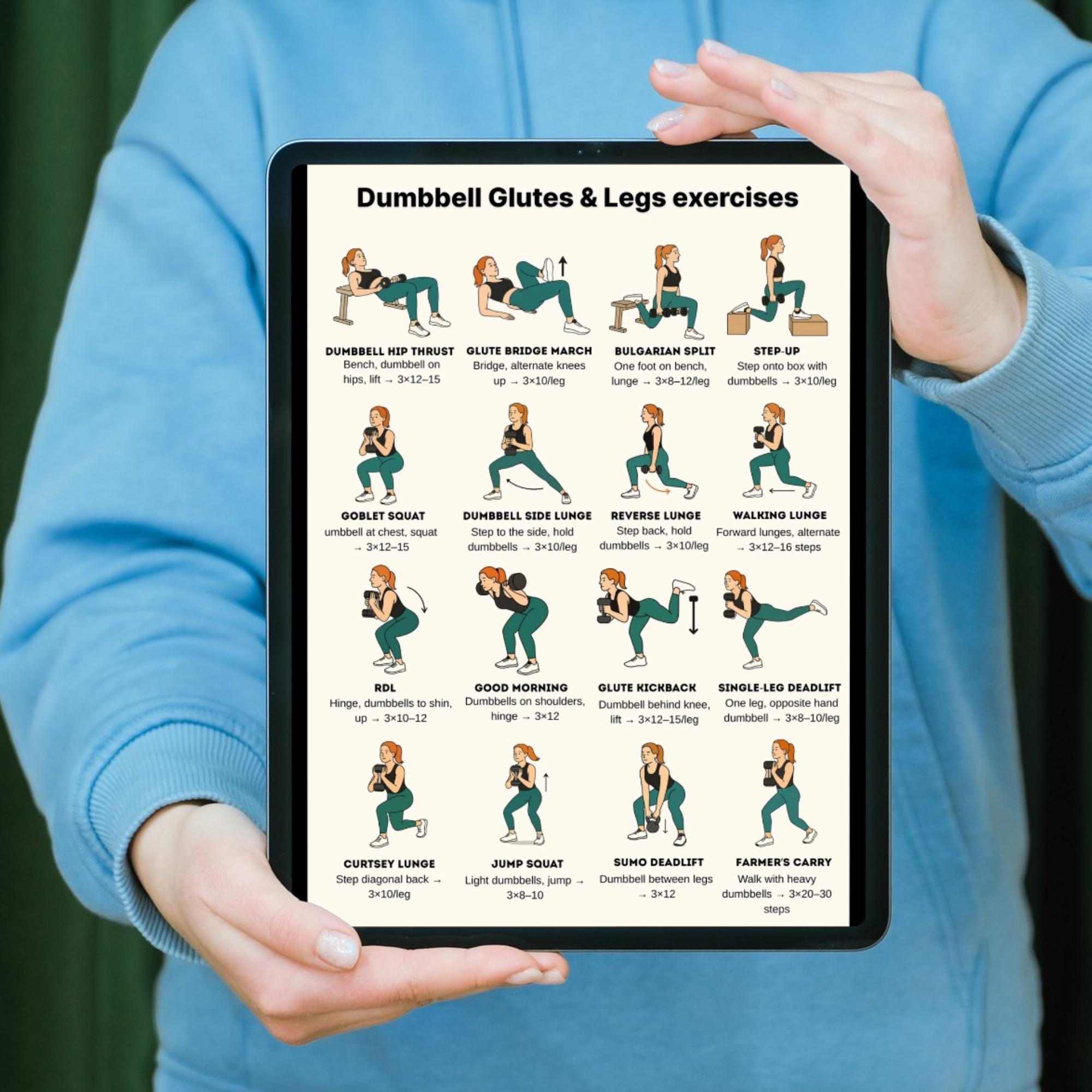 Dumbbell Glutes & Legs Workout Poster – 16 Exercises Chart, Fitness ...