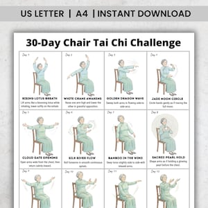 Chair Exercises 30 Day Tai Chi Challenge Printable PDF, Seated Workout Routine for Beginners, Daily Balance Plan at Home