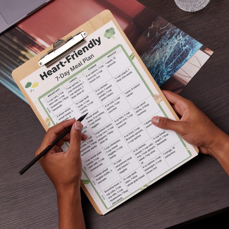 Heart Friendly 7 Day Meal Plan | Low Sodium Foods | Cholesterol Diet Plan | Printable PDF | Instant Download | US Letter A4
