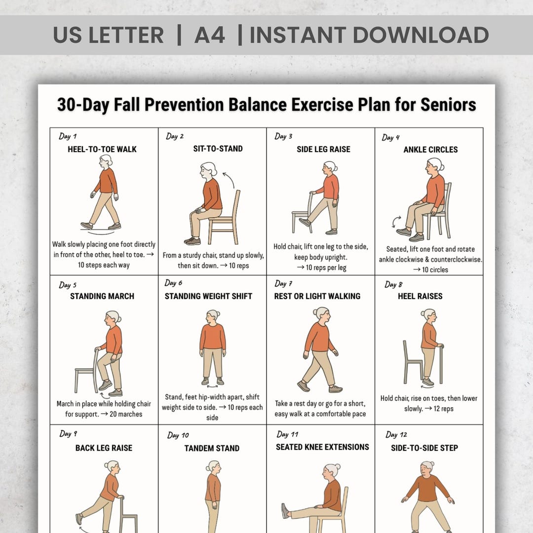 Balance Exercises for Seniors | 30 Day Fall Prevention Printable PDF ...