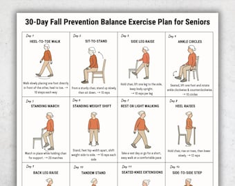 Balance Exercises for Seniors | 30 Day Fall Prevention Printable PDF | Chair & Standing Mobility Chart | Senior Fitness Poster