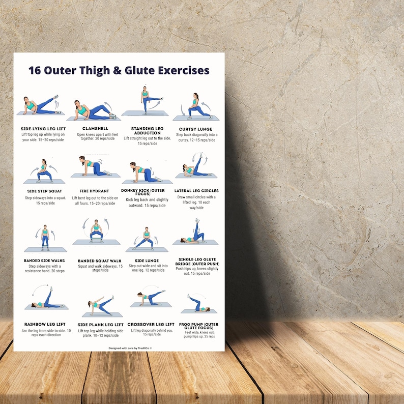 16 Outer Thigh & Glute Exercises Printable | Lower Body Workout Sheet (A4 & US Letter)