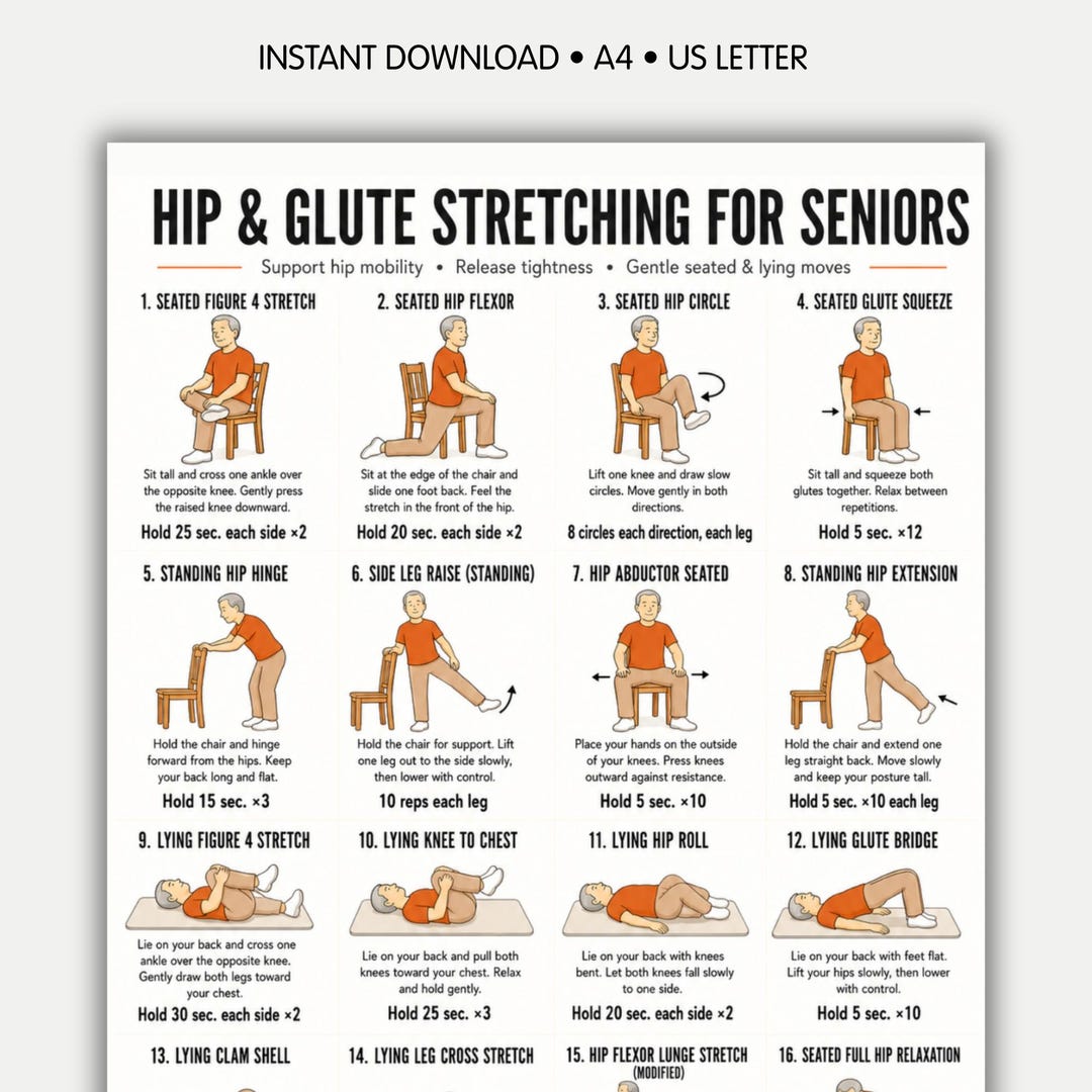Hip & Glute Stretching for Seniors Printable PDF — 16 Gentle Hip ...