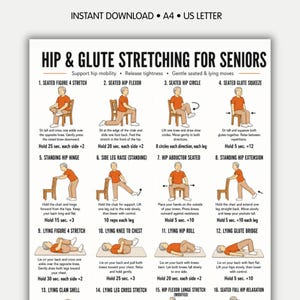 Op de afbeelding: Een witte gedrukte gids getiteld "HIP & GLUTE STRETCHING FOR SENIORS" met 16 geïllustreerde oefeningen. Elke oefening toont een persoon die een stretch uitvoert, met instructies en houd tijden. De gids is voor senioren.