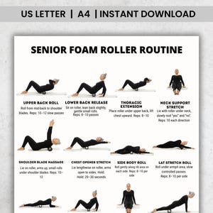 May include: A printable guide titled "SENIOR FOAM ROLLER ROUTINE" with exercise instructions. The guide includes illustrations of exercises such as upper back roll, lower back release, thoracic extension, and neck support stretch. The document is labeled "US LETTER | A4 | INSTANT DOWNLOAD".