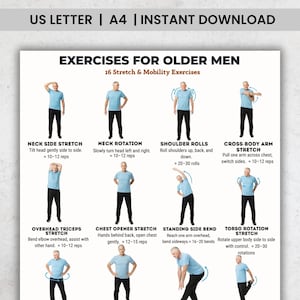Printable exercise chart titled “Exercises for Older Men – 16 Stretch & Mobility Exercises.” The image shows an older man demonstrating standing stretch and mobility exercises including neck stretches, shoulder rolls, arm stretches, side bends, torso rotations, hip circles, leg stretches, ankle circles, toe raises, and heel raises. Each exercise is clearly illustrated with labels and repetition counts, designed for easy reference at home.