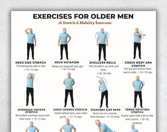 Exercises for Older Men Printable – 16 Stretch & Mobility Exercises, Senior Standing Flexibility Routine, Daily Movement Chart PDF