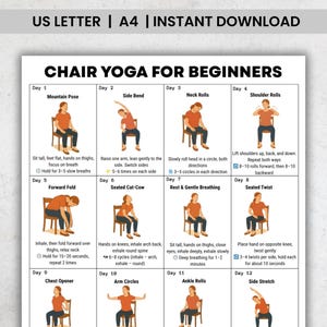 Può includere: Una guida stampabile intitolata "Yoga sulla sedia per principianti" con 12 pose di yoga illustrate. La guida include istruzioni per ogni posa, come la posa della montagna, l'inclinazione laterale e le rotazioni del collo. Il testo "US LETTER | A4 | INSTANT DOWNLOAD" è in alto.