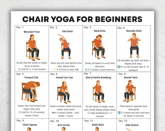 May include: A printable guide titled "Chair Yoga for Beginners" with 12 illustrated yoga poses. The guide includes instructions for each pose, such as Mountain Pose, Side Bend, and Neck Rolls. The text "US LETTER | A4 | INSTANT DOWNLOAD" is at the top.