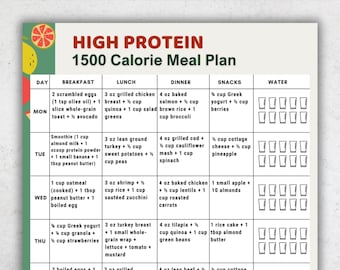 Piano alimentare ad alto contenuto proteico da 1500 calorie stampabile / Pianificatore di preparazione pasti ad alto contenuto proteico di 7 giorni / Piano alimentare da 1500 calorie in PDF / Piano alimentare proteico