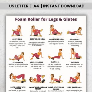 Può includere: Guida di esercizi stampabile per gambe e glutei, con illustrazioni di esercizi con rullo in schiuma. Include istruzioni per il rotolamento dei glutei, dei muscoli posteriori della coscia, dei quadricipiti, ecc. Download immediato.