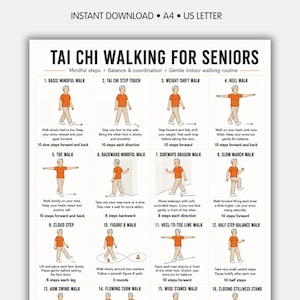 Può includere: Una guida stampabile intitolata "Tai Chi Walking for Seniors" con 16 routine di camminata illustrate. La guida include istruzioni per ogni passo, come Basic Mindful Walk, Heel Walk e Slow March Walk, con diagrammi.