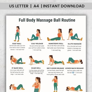 Puede incluir: Una guía imprimible titulada "Full Body Massage Ball Routine" con ejercicios ilustrados. La guía incluye instrucciones para el rodillo de pie, la liberación de la pantorrilla, el rodillo de los isquiotibiales, el masaje de glúteos, el rodillo de la banda IT, el rodillo de cuádriceps, la liberación del flexor de la cadera y la liberación de la zona lumbar.