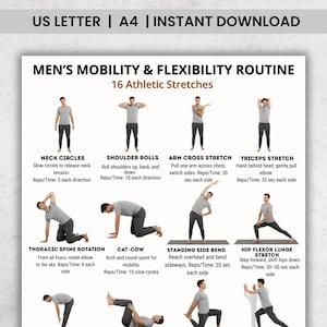 Può includere: Una guida stampabile intitolata "MEN'S MOBILITY & FLEXIBILITY ROUTINE" con 16 esercizi di stretching atletico. La guida include illustrazioni e istruzioni per esercizi come cerchi del collo, rotazioni delle spalle, stretching incrociato delle braccia, ecc.