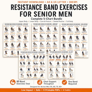 May include: A digital bundle of five printable charts titled Resistance Band Exercises for Senior Men, featuring 80 total exercises with illustrations of a person using a resistance band and a chair. The text includes instructions for upper body, lower body, core, posture, and seated routines.
