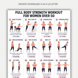 May include: A digital workout chart titled Full Body Strength Workout for Women Over 50, featuring 12 numbered exercise illustrations. Each section displays a person in a pink tank top and blue leggings demonstrating movements like squats, push-ups, and rows with rep counts.
