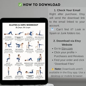 May include: A black tablet displays a workout routine titled "Glutes & Hips Workout" with exercise illustrations. The tablet is next to text explaining how to download the file from Etsy. The exercises include Glute Bridge, Donkey Kicks, and Calf Raises.