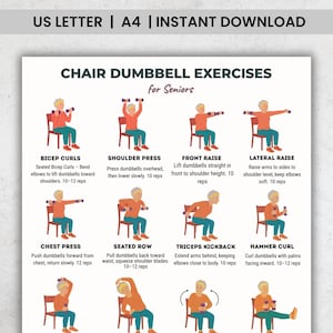 以下が含まれることがあります： 「高齢者向けチェアダンベルエクササイズ」と題された印刷可能なエクササイズチャート。 このチャートは、バイセップカール、ショルダープレス、フロントレイズ、サイドレイズ、チェストプレス、シーテッドローなど、さまざまなダンベルエクササイズを示しています。