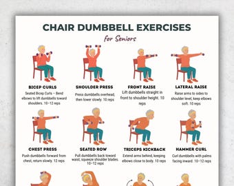 Chair Dumbbell Uebungen für Senioren PDF - Sitzhantel Workout Chart für ältere Erwachsene, Sanftes Krafttraining mit geringem Aufprall, printable