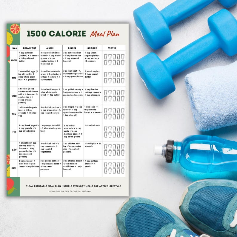 1500 Calorie Meal Plan Printable | 7-Day 1500 Calories Menu PDF for Easy Meal Prep
