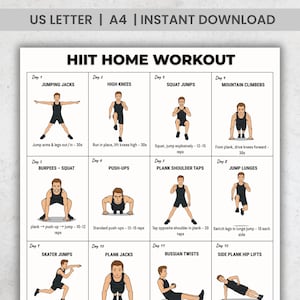 Puede incluir: Tabla de entrenamiento HIIT en casa con 12 ejercicios, incluyendo saltos de tijera, rodillas altas y sentadillas. Cada ejercicio está ilustrado con una figura de palo e instrucciones. La tabla está etiquetada como "US LETTER | A4 | INSTANT DOWNLOAD".