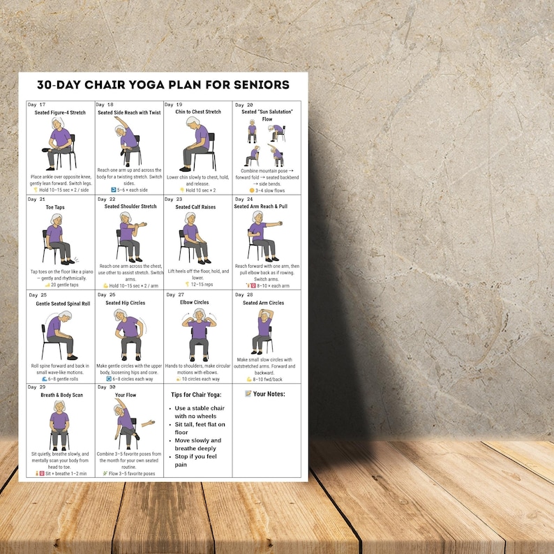 30-day printable chair yoga plan for seniors with simple seated exercises in visual format