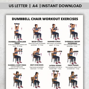 May include: A printable workout guide with illustrations of dumbbell chair exercises. The guide details exercises such as shoulder press, bicep curls, hammer curls, overhead tricep extension, chest press, bent-over rows, lateral raises, and front raises.