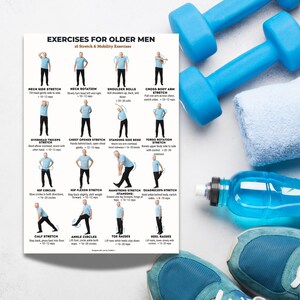 Printable exercise chart titled “Exercises for Older Men – 16 Stretch & Mobility Exercises.” The image shows an older man demonstrating standing stretch and mobility exercises including neck stretches, shoulder rolls, arm stretches, side bends, torso rotations, hip circles, leg stretches, ankle circles, toe raises, and heel raises. Each exercise is clearly illustrated with labels and repetition counts, designed for easy reference at home.