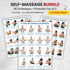 May include: A self-massage bundle with 48 techniques, available as a printable set of 3 sheets. The sheets include instructions for lower and upper body self-massage, with diagrams and text. The bundle is available in US Letter and A4 sizes.