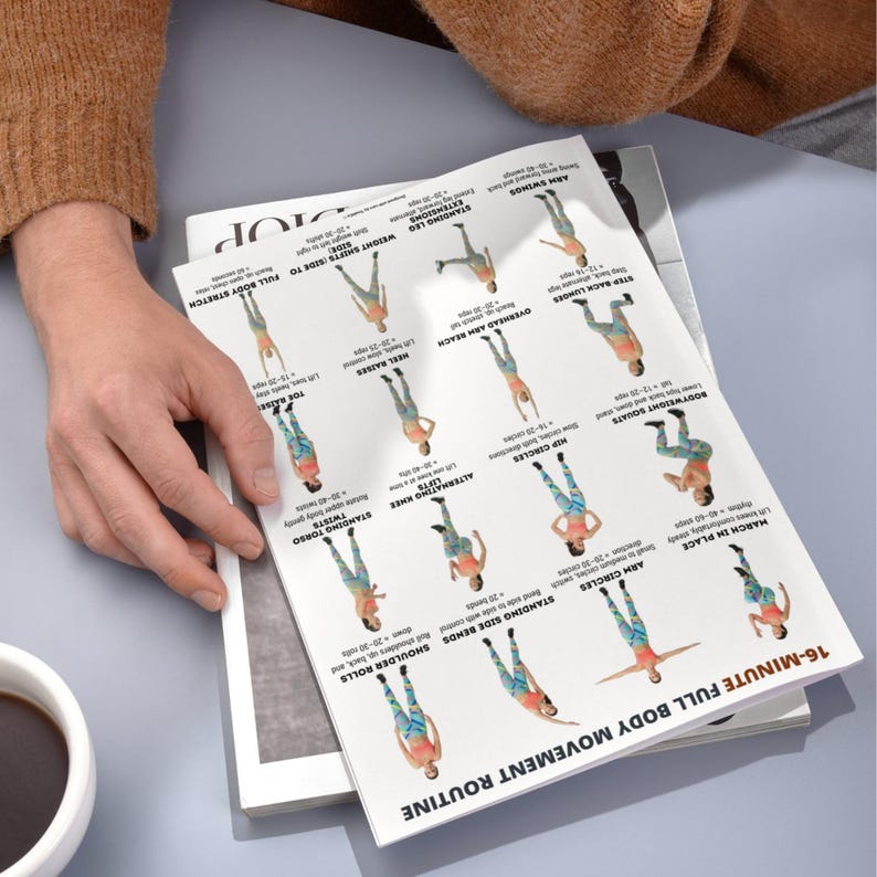 May include: A white printed sheet with a 16-Minute Full Body Movement Routine. The sheet displays illustrated exercises, including arm swings, squats, and torso twists. The sheet is held by a person.