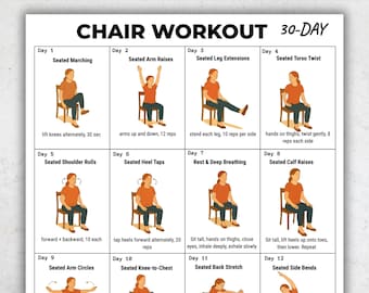 Plan de entrenamiento en silla de 30 días / Ejercicios sentados para personas mayores y principiantes / Rutina de fitness en silla imprimible en PDF