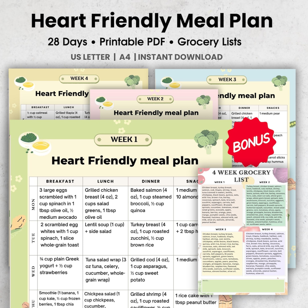 Heart Friendly Meal Plan 4 Weeks 28 Day Printable PDF | Low Sodium Low ...