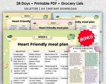 Plan de alimentación cardiosaludable (4 semanas, 28 días) (PDF imprimible) / Dieta baja en sodio y colesterol / Lista de compras semanal incluida (descarga instantánea)