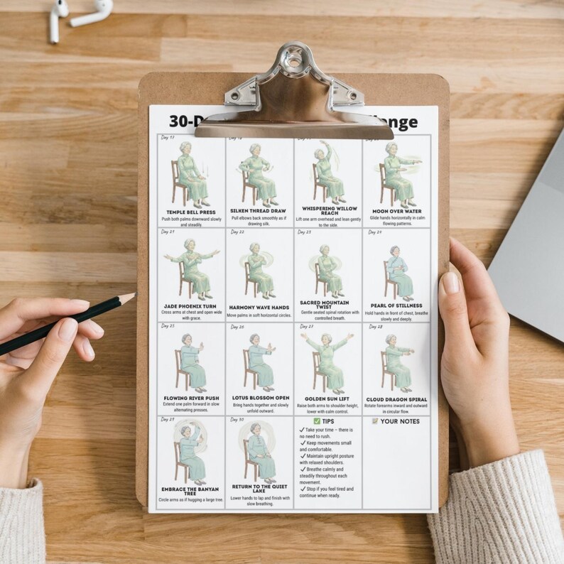 Home Workout Plan.pdf Chair Exercises 30 Day Tai Chi Challenge Printable PDF, Seated Workout ...