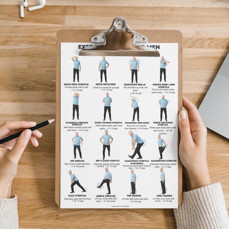 Printable exercise chart titled “Exercises for Older Men – 16 Stretch & Mobility Exercises.” The image shows an older man demonstrating standing stretch and mobility exercises including neck stretches, shoulder rolls, arm stretches, side bends, torso rotations, hip circles, leg stretches, ankle circles, toe raises, and heel raises. Each exercise is clearly illustrated with labels and repetition counts, designed for easy reference at home.