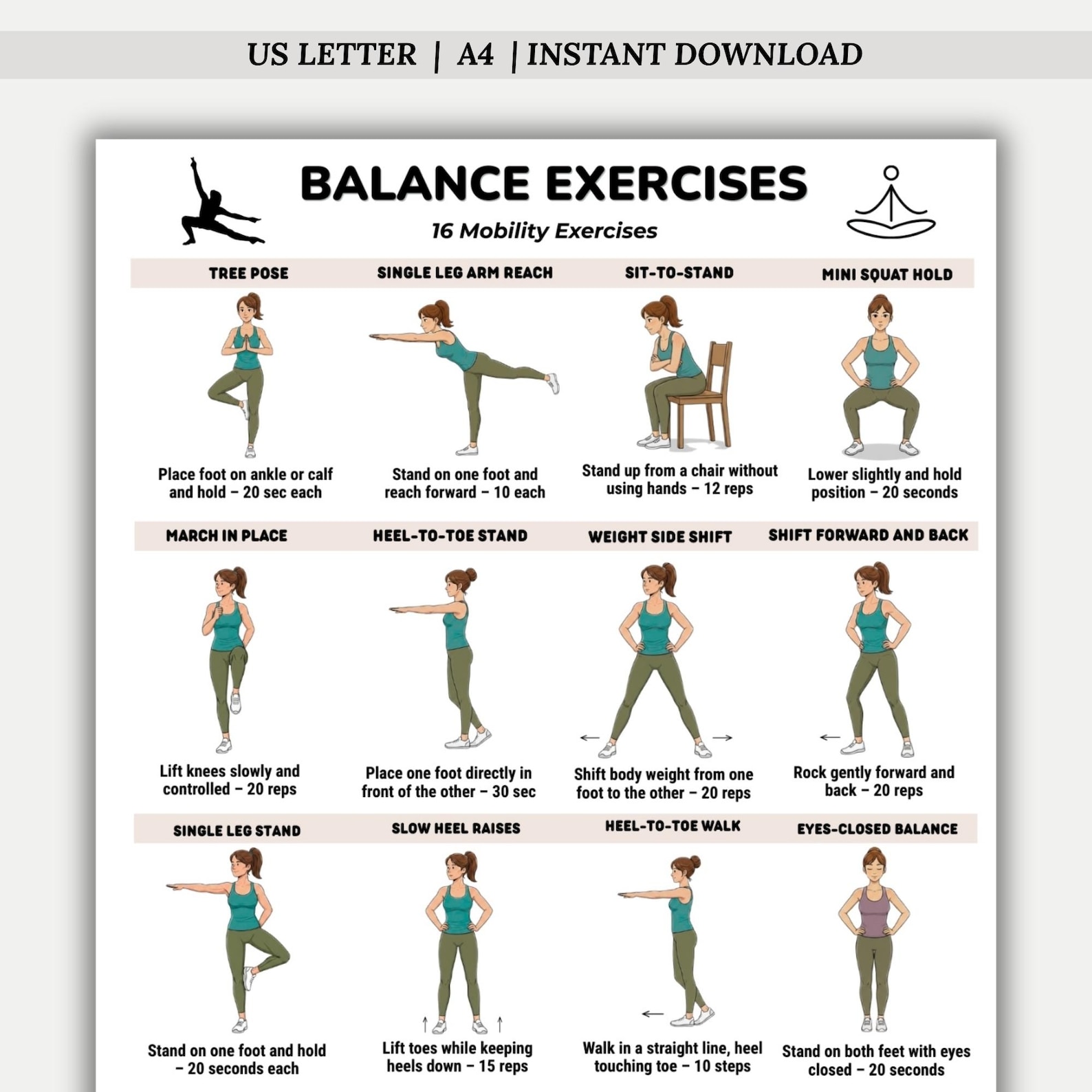 Balance Exercises Printable Chart, Balance Training Workout Poster ...